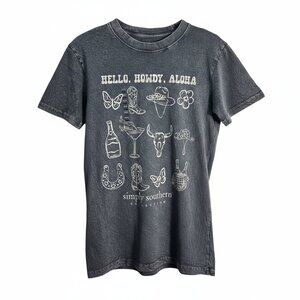 NWT Simply Southern Hello Howdy Aloha Gray Acid Wash Graphic Cowboy Tee | Small
